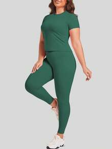 Plus Size Women's Sports Short-Sleeved Trousers Suit Comfortable Yoga Suit - Green - View 3