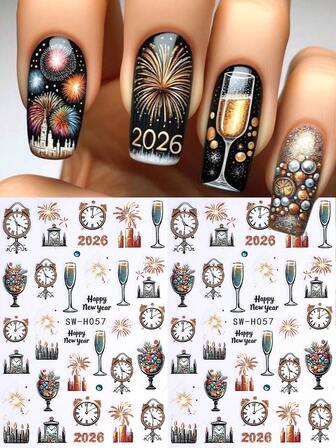 3D Glitter Colorful Fireworks Christmas Nail Stickers 2pcs Clock Tower Clock Candle Champagne Glass Candle Fireworks Design DIY Holographic Y2K Winter Xmas New Year Self-Adhesive Decal Slider Nail Art Decoration Nail Supplies