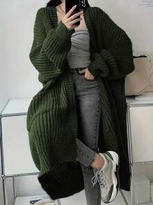 Áo len cardigan dệt kim tay dài cổ chữ V có túi cỡ lớn dành cho nữ - xanh quân đội - Xem 5