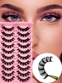 10 Pairs False Eyelashes Clear Band Russian Strip Lashes D Curl Wispy Natural Look 16mm Curly Faux Mink Lashes Like Eyelash Extension Fluffy Transparent Band Cat Eye Look Fake Tail Elongated Eyelashes Packstrip Lashes,Lashes,Eyelashes,Fake Lashes - màu đen - Xem 1