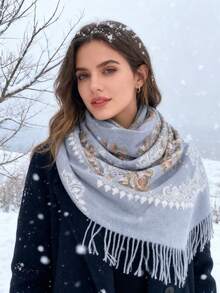 1 Stück Boho-Stil Damen Herbst/Winter Faux Kaschmir bestickter Schal, dicker Quasten bestickter Halswärmer, Reise Poncho