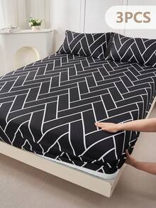 2/3pcs Printed Fitted Sheet Set, Bedding, Bed Sheets Set, Christmas Decorations, Soft And Comfortable Bedding, Skin-Friendly Bed Cover Set, Hallowen Decor, Fall Decor, Mattress Protector For Bedroom, Room Decor, For All Season, Fits Twin Full King Queen Size Bed, 1 Fitted Sheet And 2 Pillowcases, Machine Washable - 黑白格 - 查看 12