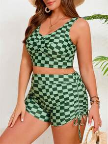 Bộ bikini cỡ lớn màu xanh lá cây kẻ caro, chất liệu co giãn cao, cổ tròn, kèm quần short, thích hợp cho kỳ nghỉ. - Xem 4