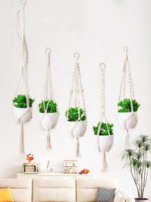 1pc White Woven Hanging Planter Basket, Handmade Cotton Rope Decorative Flower Pot Holder For Home, Farmhouse