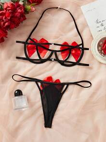 女士性感蕾丝内衣套装，包含镂空文胸和迷人丁字裤，舒适贴身，是浪漫之旅和梦幻夜晚的完美之选，也是理想的圣诞内衣礼物。 - 黑紅色 - 查看 5