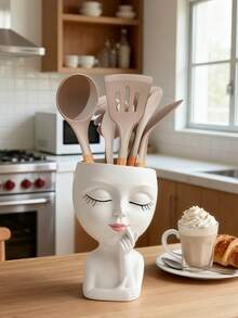 1pc Cute Face Shaped Resin Utensil Holder For Kitchen Counter, Boho Aesthetic Tableware Organizer Storage Container For Chopsticks, Spoons, Forks, Creative Decorative Kitchen Decor With Artistic Design, Functional & Stylish Organizer For Dining Table, Ideal Gift For Housewarming, Kitchen Decorations Lovers(Please Check The Size Carefully Before Purchasing.)