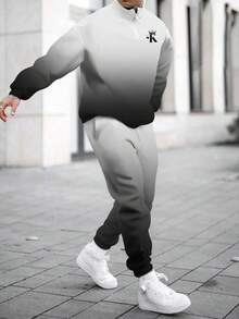 2025 New Men's Two-Piece Set, Long-Sleeve Stand-Collar Top Paired With Casual Sports Long Pants, Warm And Comfortable Two-Piece Set, Featuring A Grey To Black Gradient All-Over Print Design; Regular Fit With High-Quality Soft And Comfortable Fabric That Is Wrinkle-Resistant And Easy To Care For, Making It A Standout Outfit For Casual Sports Venues. ...