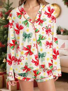 Christmas Pajamas Set For Women Satin Bow Tie Buttn Down Shirt Shorts Christmas Silk 2 Piece Pjs Set Sleepwear - Đỏ - Xem 2