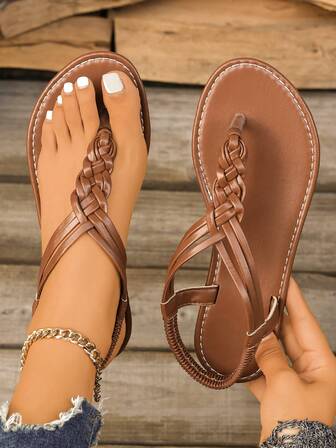 Sandali infradito piatti intrecciati da donna, con cinturino elastico posteriore, comodi, slip-on in pelle PU, casual e versatili, stile romano