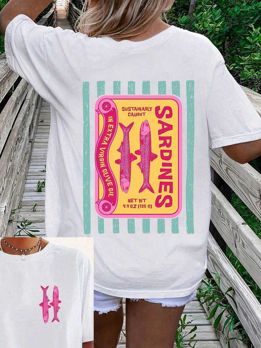 100% Cotton Women's White T-Shirt, Fashionable Short-Sleeved T-Shirt, Printed With The Pattern "Delicious Fish Meal Double Sides", Printed Style, Casual And Loose Fit, Machine Washable, Street Printed T-Shirt, Casual Clothing, Adult Top - White - View 1