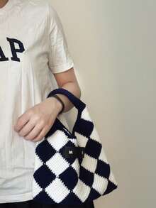 New For Fall/Winter 2025: Women's Knit Crossbody Bag/Handbag With A Simple Contrast Check Pattern. Perfect For Work Or Outings.