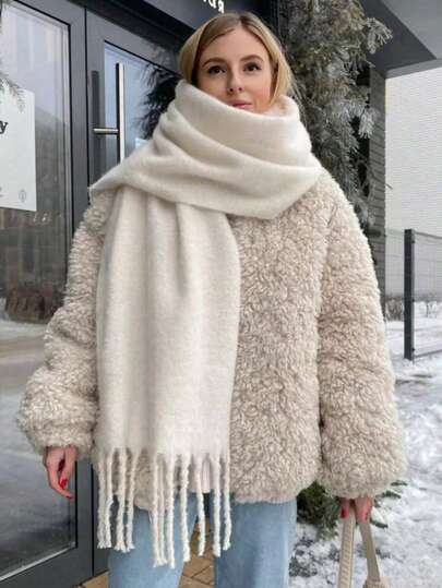 1PC Women's Autumn/Winter White Solid Color Versatile College Style Elegant Coarse Beard Thick Warm Scarf, Suitable For Cold Proof Shopping And Dressing In Autumn/Winter Season