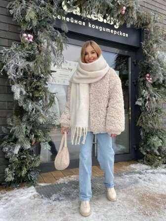 1件装女士秋冬白色纯色百搭学院风优雅粗胡须加厚保暖围巾，适合秋冬季节防寒购物和穿搭