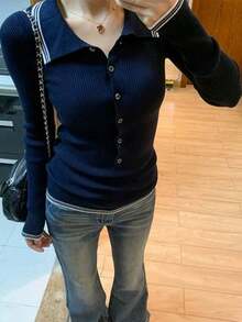 Blusa de lana con diseño de botones, cuello con muesca y dobladillo para mujeres, estilo coreano casual de calle y transporte, otoño Nora Noon Y2K