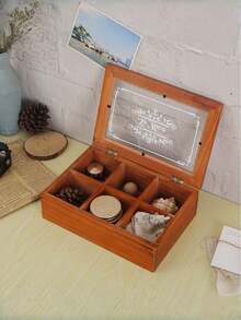 1pc Desktop Tea Bag & Tea Leaf Storage Box, 6 Compartments Coffee Snack Tea Bag Organizer Box, Candy Storage Container, Creative Home Decor, Wooden Storage Box With Transparent Glass Lid (The Wood Grain Pattern May Vary Slightly From The Actual Product Received)