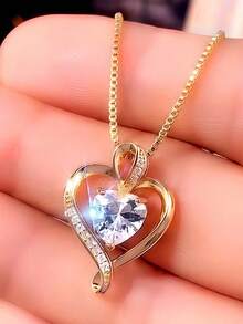 1 pieza Elegante collar con colgante en forma de corazón, incrustado con circonita cúbica, piedra natal de abril, montura de 3 garras, núcleo de cobre, adecuado para uso diario y como regalo