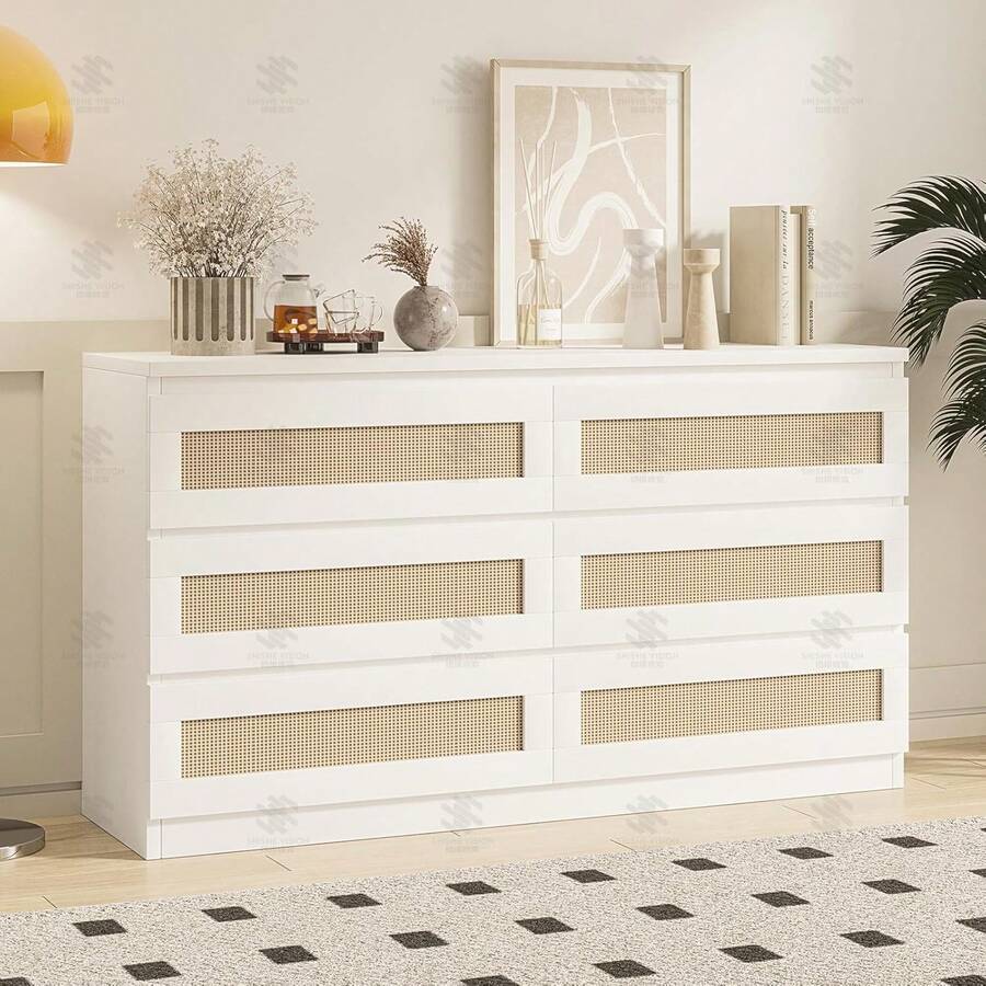 mteryoing Modern Rattan 6-Drawer Dresser For Bedroom - Slim Wooden Chest Of Drawers, Durable Freestanding Storage Organizer Cabinet For Living Room And Entryway - trắng - Xem 1