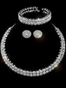 3 件套奢华新娘婚礼项链、手链、耳环套装、全水钻装饰颈链、多层项链、新娘配饰