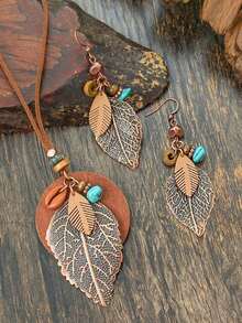 TopHanqi 1 Set Boho Vintage Jewelry Set - 1 Pair Geometric Leaf Shaped Metal Earrings + 1 Double Layer Round Pendant Necklace With Wood Bead, Shell And Turquoise Decor, Suitable For Daily Outfit, Party, Dating, Gift - 棕色 - 查看 9