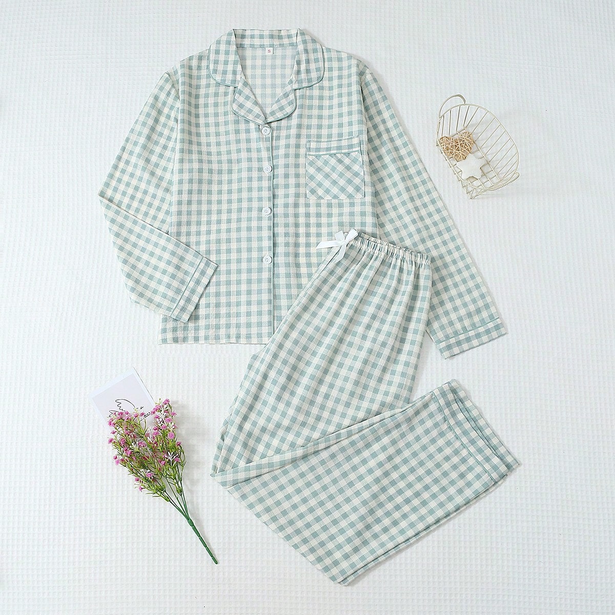 Piezas Conjunto de pijama de mujer con estampado de cuadros, top de manga larga con cuello de botones y pantalones largos, ropa de dormir y de estar p
