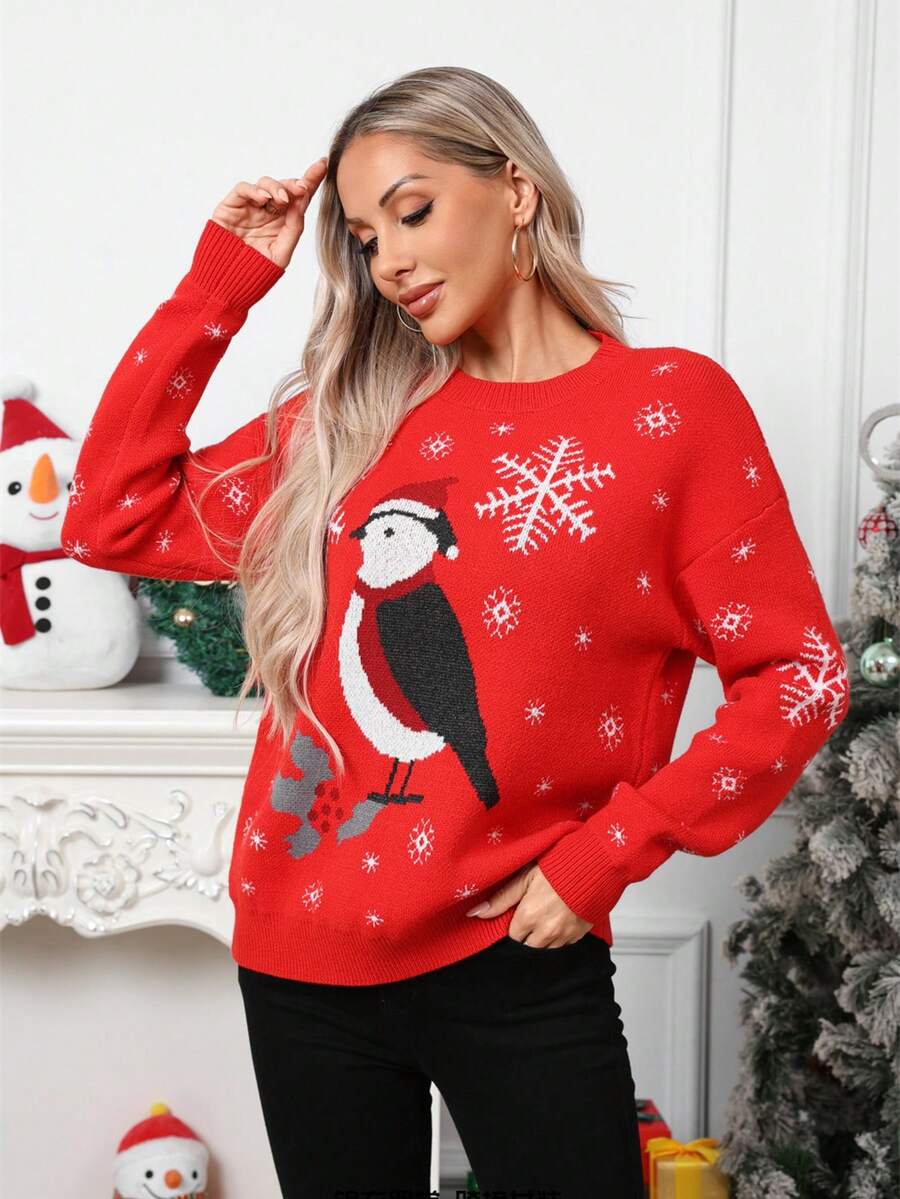Sweater Christmas Snowflake Happy Sparrow Red Women's Autumn/Winter