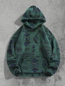 Men's Totem Print Hooded Fleece Sweatshirt, Long Sleeve Top - Dark Green - View 3
