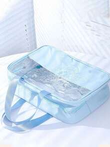 1 pieza Bolsa de aseo transparente con letra, nueva bolsa de maquillaje cuadrada de unicolor a la moda con letras bordadas, organizador de maquillaje de chenilla impermeable de PVC con parche de letra inicial minimalista, bolsa de aseo de viaje para mujeres para el baño, decoración del hogar, vacaciones, accesorios de baño, regreso a la escuela