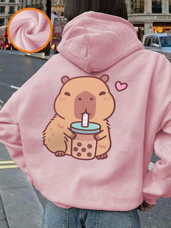 1pc Girls Casual Printed Pullover Hoodie Sweatshirt, Thermal Lined, Long Sleeve, Autumn/Winter