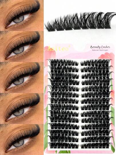 Asiteo 224pcs D-Curl 100D Mink Cluster Eyelash Extensions, Elongated Fluffy Lashes, Reusable, Dramatic Effect