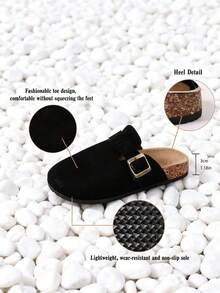 Women's Suede Mule Slippers, Casual Shoes, Flat Slippers, With Metal Buckle Decoration, Round Toe, Non-Slip Rubber Sole, Suitable For Spring And Summer Home Wear And Outdoor Vacations - màu đen - Xem 8