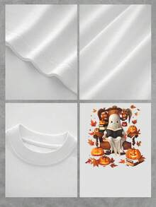 Camiseta con estampado de fantasmas de lectura otoñal para mujer. Bonito diseño espeluznante de temporada con calabazas y marrón. Una cómoda camiseta de algodón para amantes de la moda de Halloween y otoño. Talla extragrande. - Blanco - Ver 4