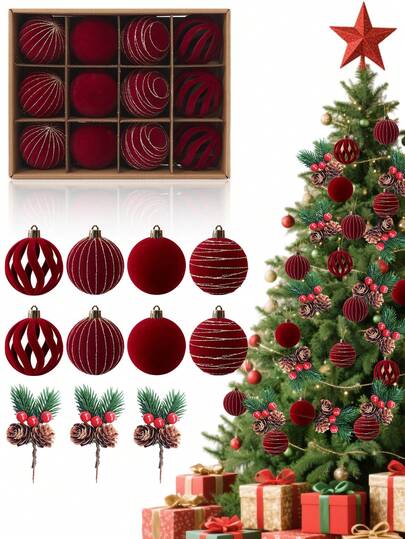 Conjunto de 12 bolas de Natal de veludo com glitter, enfeites de veludo para árvore de Natal, bolas de Natal inquebráveis, bolas de Natal bordô para decoração de festas de Natal, casamentos e outras ocasiões especiais. Ideal para pendurar na árvore, decorar sua casa, para o Ano Novo e como presente de Natal.