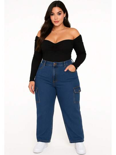 Pantalon Jeans Mezclilla Tallas Extras Bolsillos Laterales,Traseros y Bolsas de Cargo con Boton de Ajuste ,Cintura Alta Pierna Ancha con Cremallera y Botón para Uso Diario con Strech Sexy Curvy Casual Formal e Informal Moda
