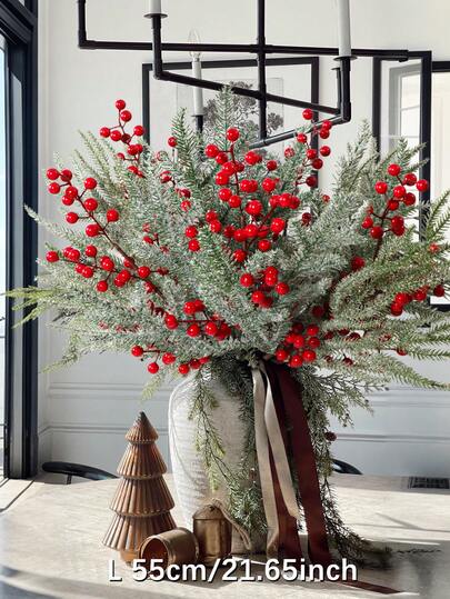 3/6 Ramas artificiales de bayas rojas, incluye 2 ramas verdes + 1 rama de bayas rojas, material de PE, ramas artificiales de bayas de cedro rojo, decoraciones del Día de San Valentín, 21.65 pulgadas / 55 cm, flores artificiales, decoraciones del Festival de Primavera, decoraciones de otoño/invierno, plantas artificiales, flores artificiales, plantas realistas, regalos del Día de San Valentín