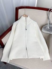 Áo khoác len dệt kim dáng rộng Wixra Hàn Quốc, cổ đứng, tay áo raglan, thiết kế khóa kéo hai chiều, màu trơn, kiểu dáng sinh viên, thiết yếu cho việc mặc nhiều lớp vào mùa thu/đông - trắng - Xem 9