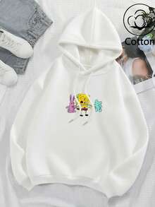 SPONGEBOB Este jersey con capucha y cordón de mujer de manga larga con costillas en color negro es adecuado para el otoño y el invierno. La parte delantera presenta una estampa alegre de Bob Esponja interactuando con un lindo conejo rosa y un oso de peluche azul, lleno de diversión. El corte holgado se adapta a varios tipos de Body, ya sea que se combine con vaqueros para un look casual o con una falda para un estilo juguetón, se puede combinar fácilmente. - Blanco - Ver 3
