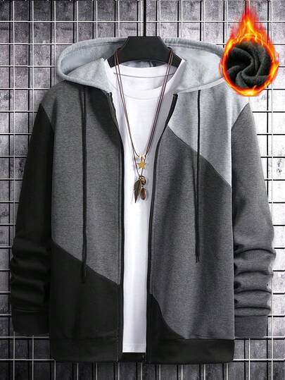 男士休闲拉链连帽衫，撞色设计，保暖内衬，秋冬季长袖上衣