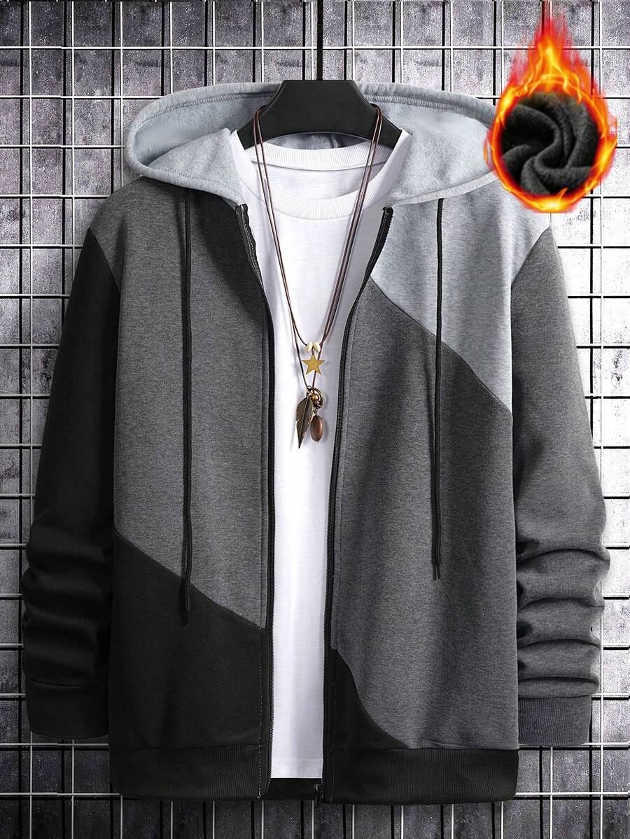 男士休闲拉链连帽衫，撞色设计，保暖内衬，秋冬季长袖上衣