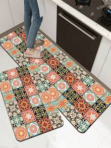 1/2片装硅胶厨房垫，高端田园风格撞色拼接图案，奢华时尚风格，缓冲防疲劳厨房地毯，厚度约3毫米，吸水性强，简约硅胶软橡胶垫，适用于厨房、浴室、玄关、洗衣房、书房、客厅等空间。 - 彩色 - 查看 7