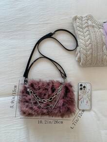 1 Túi đeo vai bằng lông giả họa tiết báo đốm màu đỏ tía dành cho nữ kèm dây xích, thời trang thu đông, túi lông mới về dành cho nữ - Màu Đỏ Sâu - Xem 2