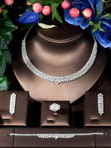 1 Set Elegant Jewelry Set, Cubic Zirconia Hollow Geometric Design, Suitable For Women's Formal Occasions, Banquets