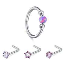 Nose Rings Set 18G Opal Hoops L-Shaped Studs For Women Men Hypoallergenic 316L Steel Piercing Jewelry Septum Ring, Cartilage Earring