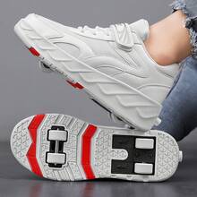 Detachable 4-Wheel Roller Skates For All Seasons Indoor/Outdoor, Suitable For Boys And Girls Beginners, Training And Casual Wear - Fashionable PU Upper Design - Suitable For All-Weather Use - Easy To Put On And Take Off, Roller Skating Shoes - White - View 4