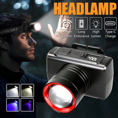 1PC LED Headlamp With USB Charging, IP44, Adjustable Zoom, Smart Sensor, Suitable For Night Fishing And Outdoor Activities - Four Light Sources, Durable ABS Material, Outdoor Lighting | Dimmable | USB Rechargeable, Camping Equipment