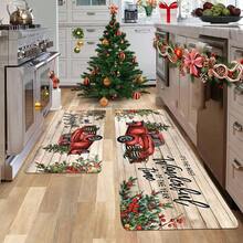 1/2/3 Pcs Christmas Kitchen Mat, Rustic Wooden Christmas Car And Christmas Tree Pattern, "The Most Wonderful Time Of The Year" Holiday Decor, Polyester Crystal Velvet Anti-Fatigue Mat, Non-Slip, Washable, Suitable For Home, Bedroom, Living Room, Kitchen, Bathroom, Entryway And More. - Multicolor - View 7