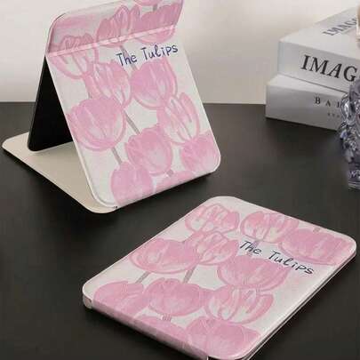 1 件郁金香图案折叠便携式化妆镜，带支架化妆镜，旅行镜，美容用品，台式化妆镜，矩形桌面小镜子折叠小简约风格化妆镜旅行便携式化妆补妆镜女士女孩礼物 - 母亲节化妆镜