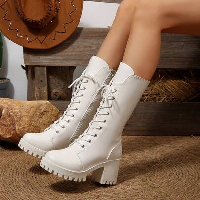 Knähöga retro ridstövlar med snörning och tjock sula för kvinnor