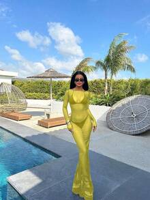 女式性感紧身网眼透视露肩长袖连衣裙，夏季 - 黃色 - 查看 4