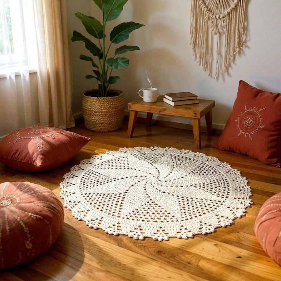 Round Rug P 1 Meter Handmade Crochet - Natural crudo - Ver 1