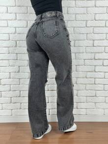 Women's Wide Leg Pantaloon Jeans - Rasgando cinza - 查看 2